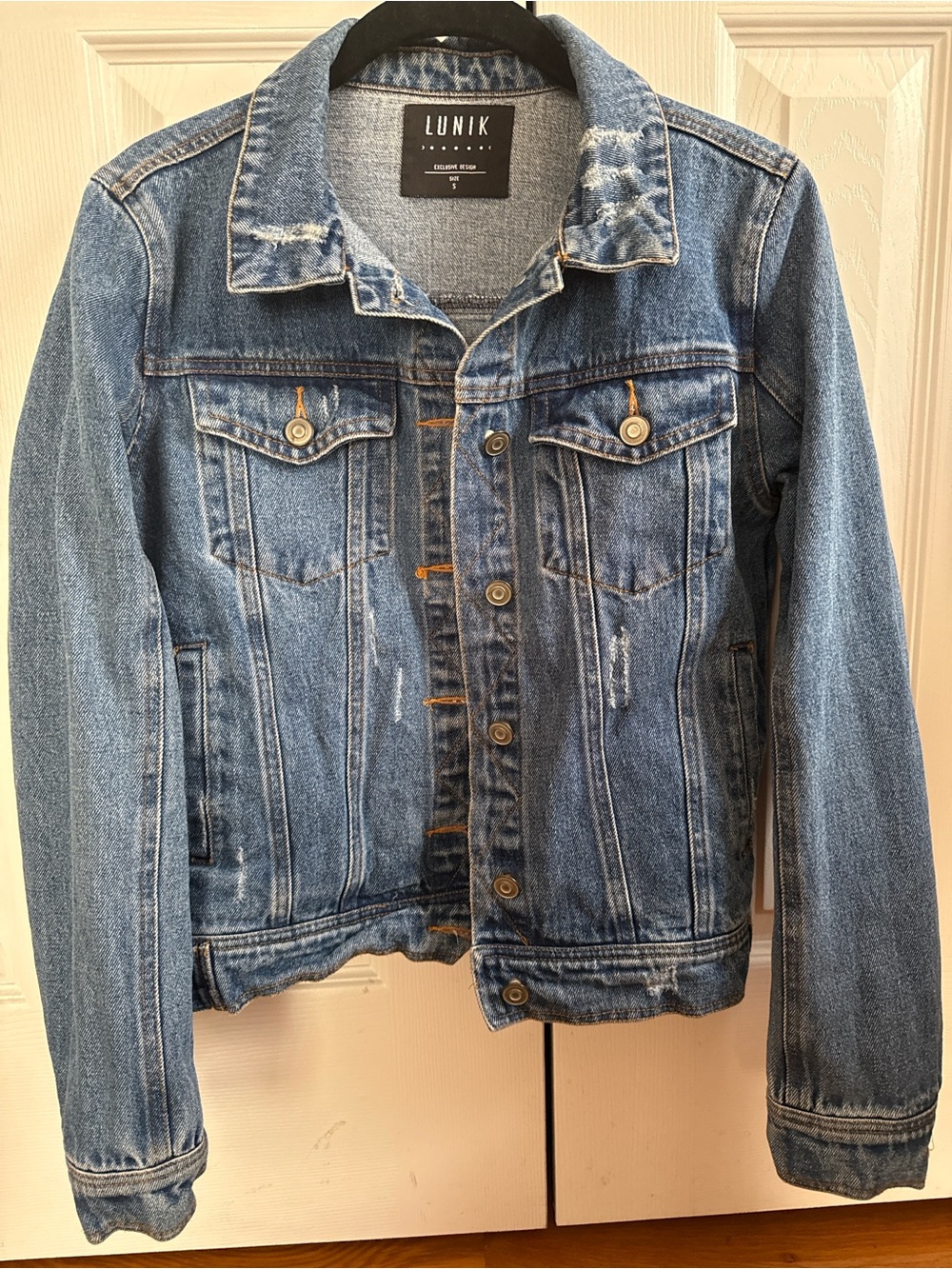 Lunik Medium Blue Distressed Denim Trucker Jacket